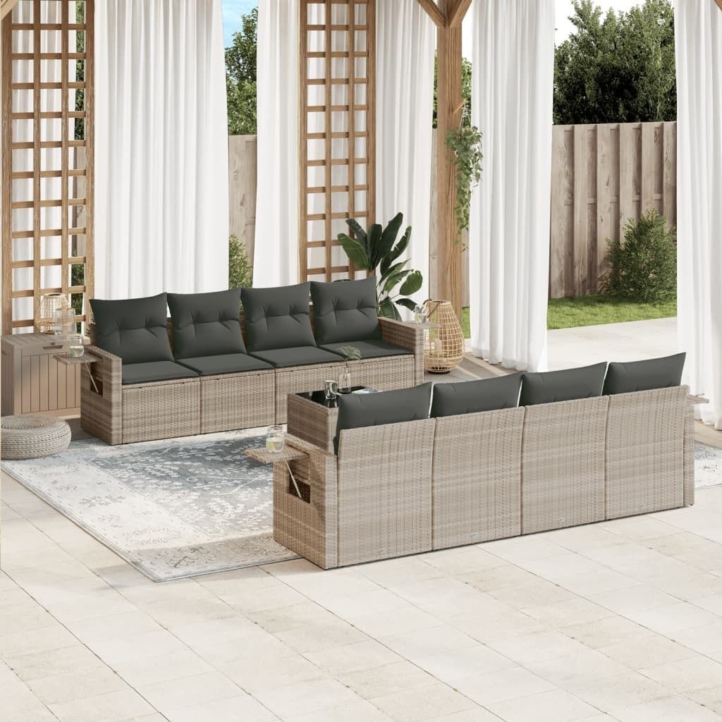 Industrie-Stil 9-tlg. Garten-Sofagarnitur Sofa Set mit Kissen Hellgrau Poly Rattan Terrassenmöbel2024 cloris