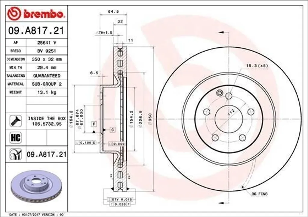 Disque de Frein Brembo 09.A817.21 Anti-Vibration Mercedes OE 2194210112