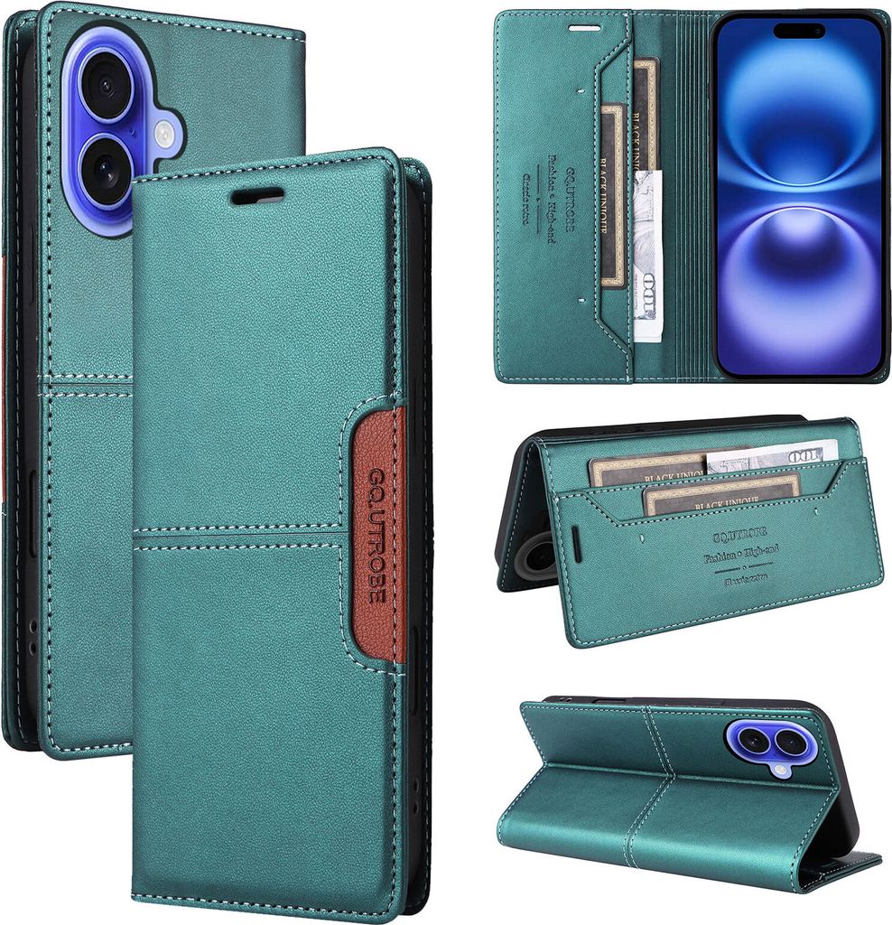 Handyhülle für iPhone 16 Hülle, Leder Flip Wallet Kartenfach Stand Schutzhülle Grün