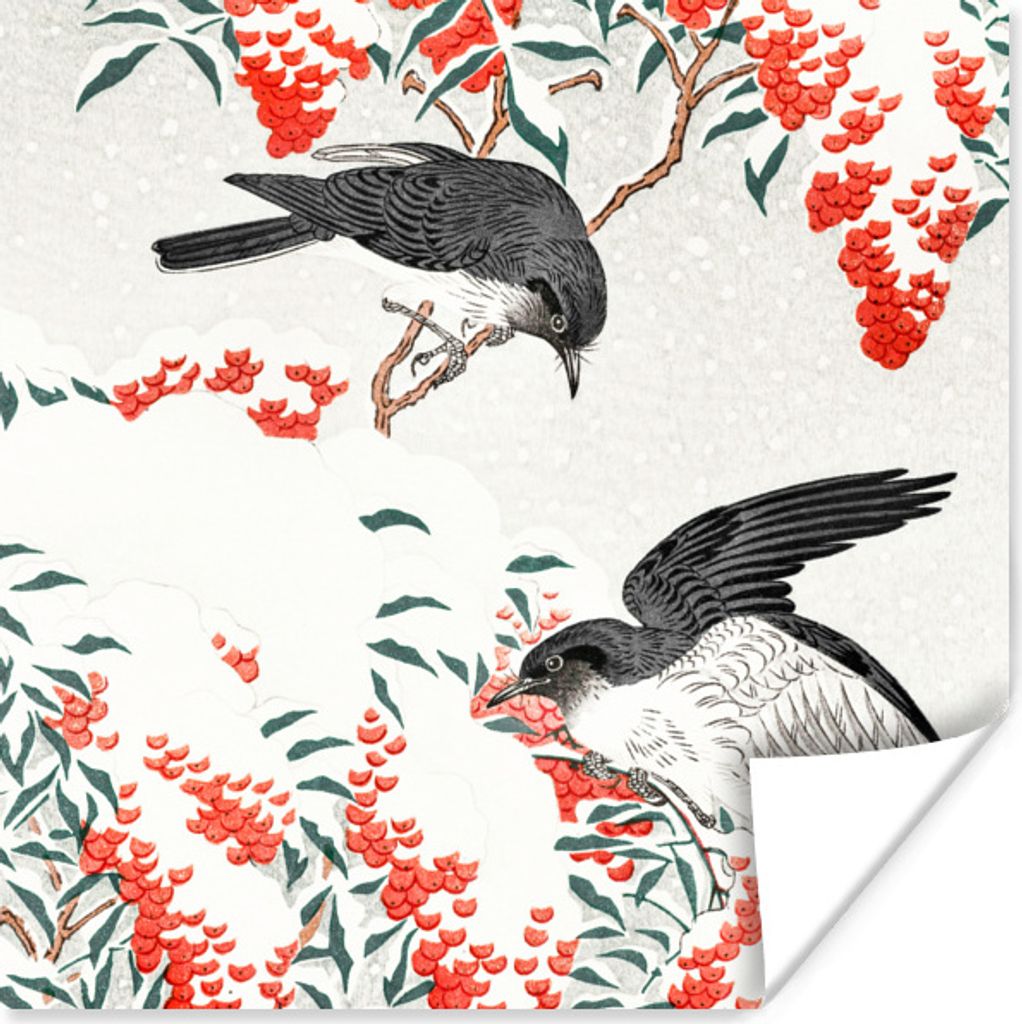 MuchoWow Poster Vögel - Beere - Rot - Vintage - Japan 100x100 cm - Babyzimmer