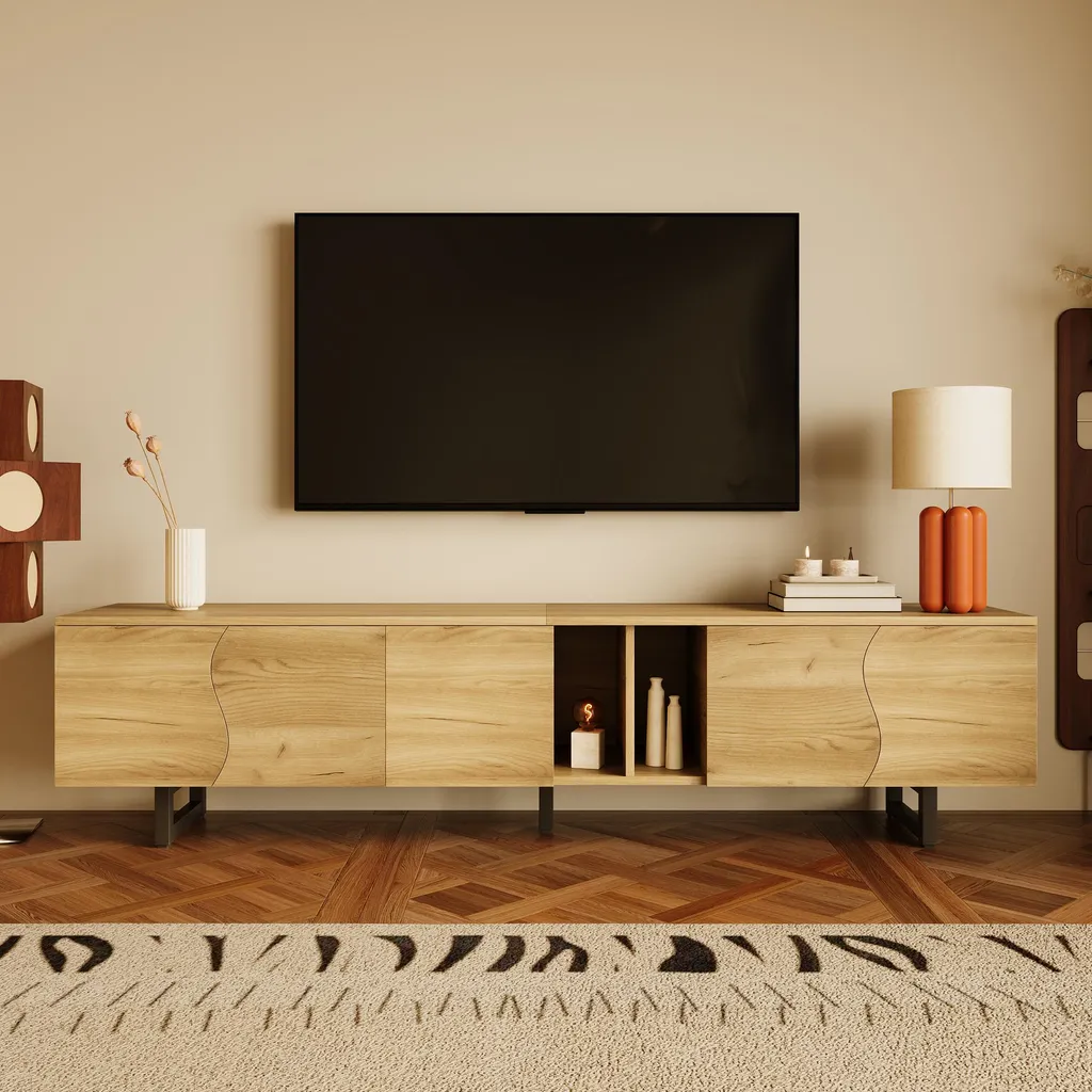 Meuble TV Bas 191 cm Design Unique, Support TV avec 5 Compartiments Fermés - 2