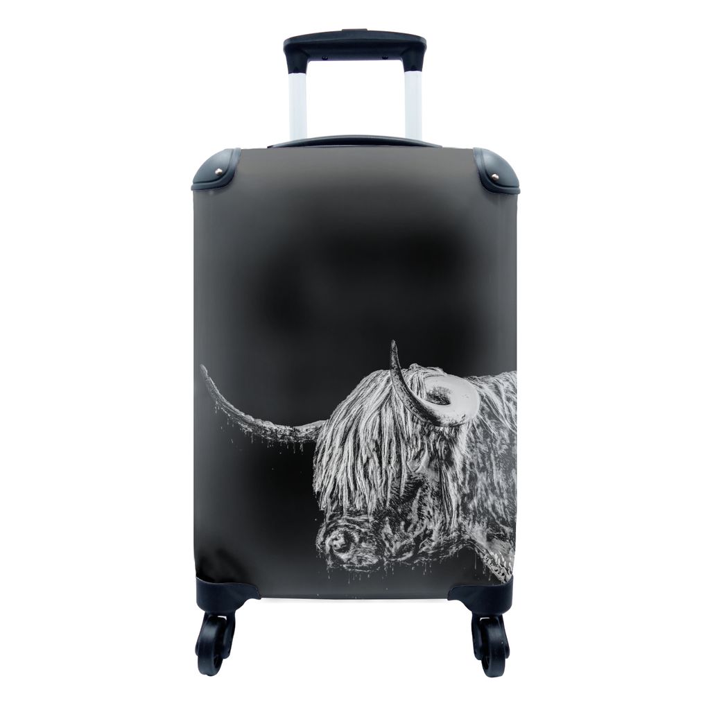 MuchoWow Koffer Handgepäck Trolley Rollkoffer Kleine Reisekoffer mit 4 Rollen - Robuster schottischer Highlander - schwarz und weiß - Cabin Siz...