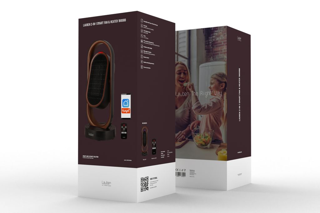 Two product packaging boxes are displayed diagonally against a white background. One box is more prominent and shows a radiator product and product features. The second box displays a lifestyle image of two people.