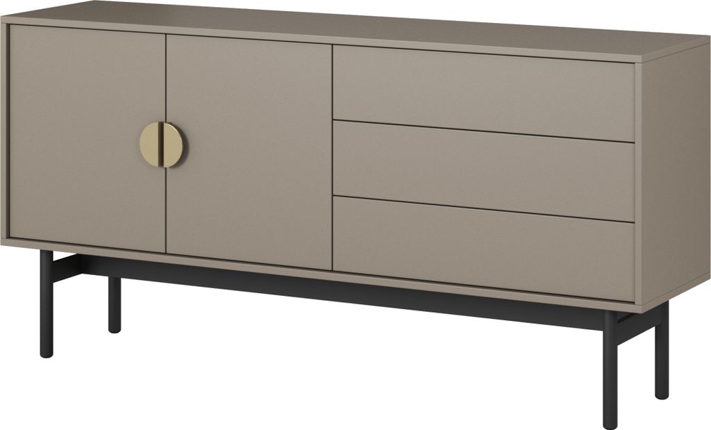 A modern TV stand with two doors and three drawers, set against a white background.