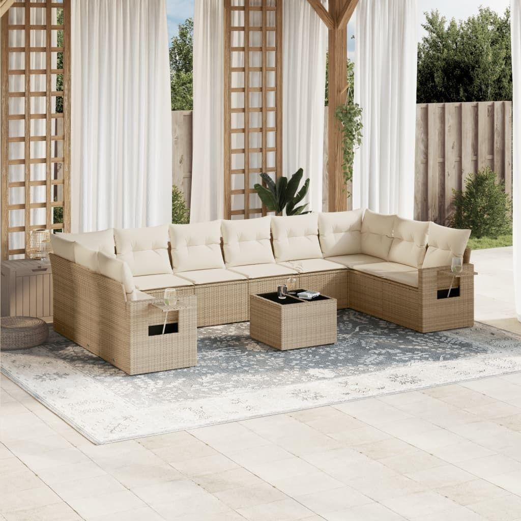 CLORIS 11-tlg. Garten-Sofagarnitur mit Kissen Beige Poly Rattan - Gartenmöbelgarnituren 433