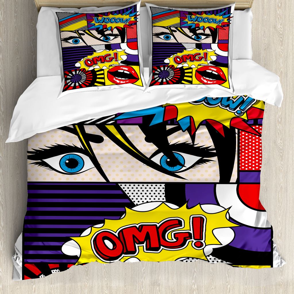 ABAKUHAUS Kunst Bettbezug, Comic-Muster, Milbensicher Allergiker geeignet mit Kissenbezügen, 155 cm x 220 cm - 80 x 80 cm, Mehrfarbig