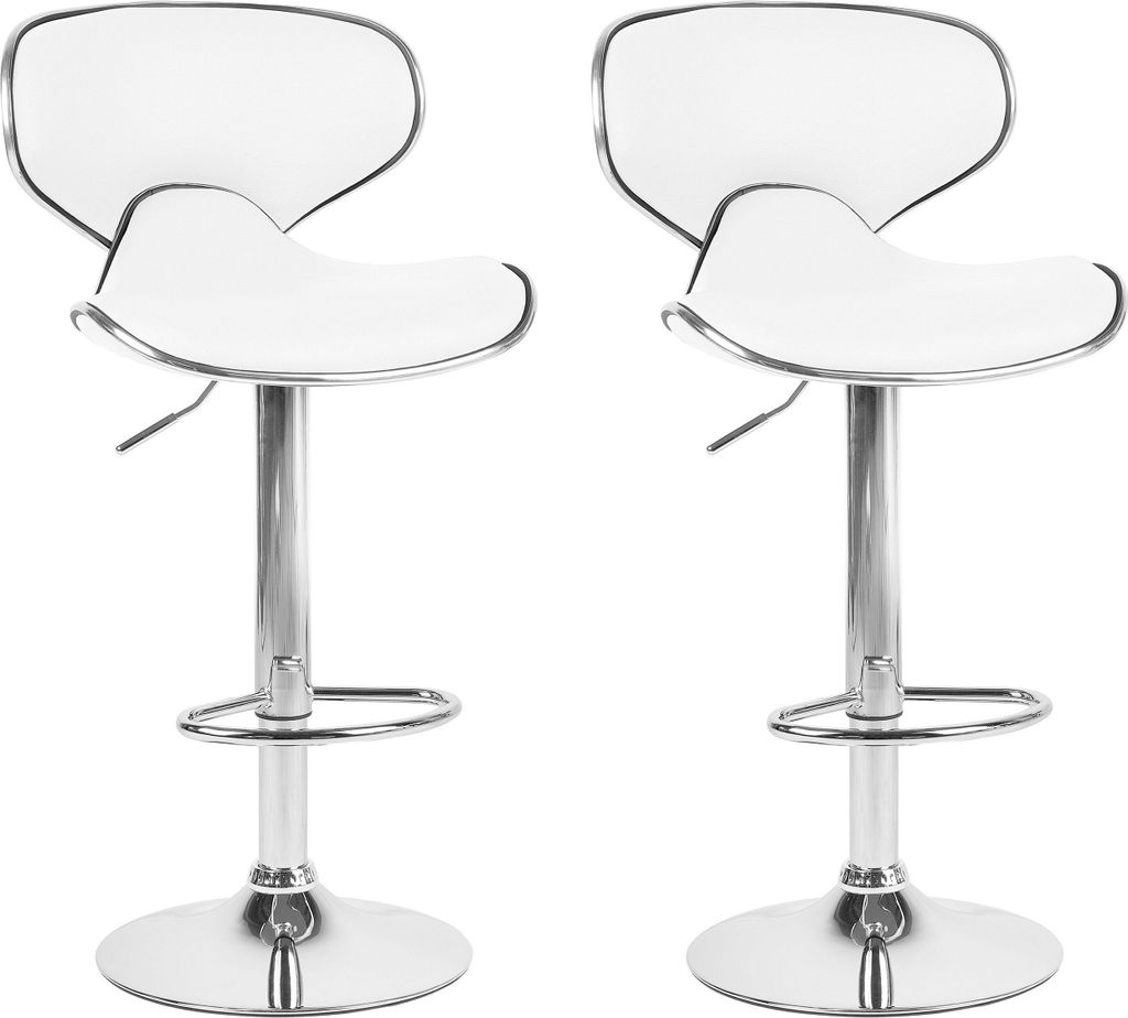 Two white bar stools with silver metal frames are shown against a white background.