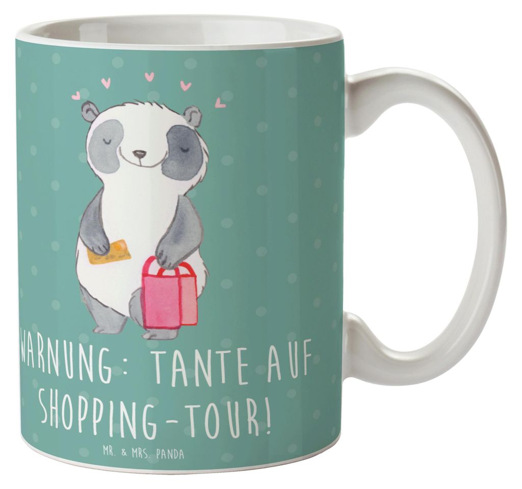 Mr. & Mrs. Panda Teetasse Tante Shopping - Meeresbrise - Geschenk, Geburtstage, Neffe, Familie, Kaffeetasse, schöne tasse, handgemacht, Geschenke,...