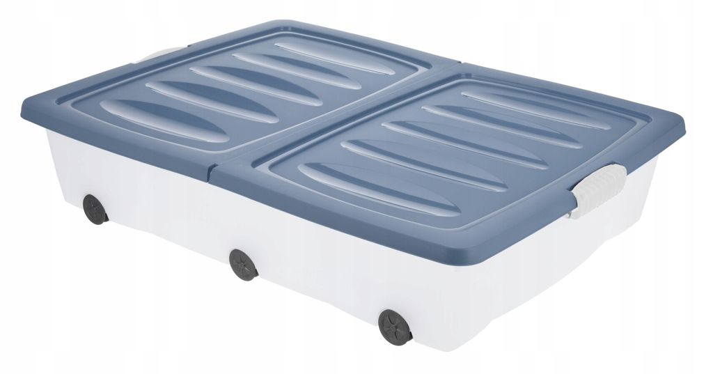 A white and blue storage box with wheels on a white background.