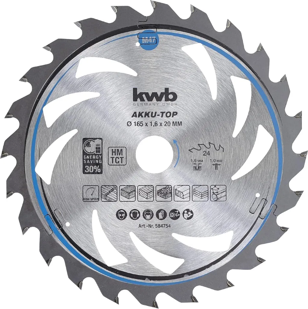 Lama Circolare kwb 165x20 mm per Legno - 24 Denti per Seghe a Batteria