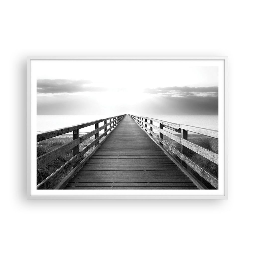 Gerahmtes Poster - Weißer Rahmen - Pier Perspektive Schwarzweiß - 100x70 cm - Wand Bild - Wanddeko - Wandbilder - Kunstposter - Wandposter - Bild...