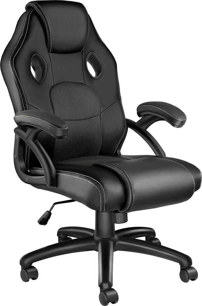 A black office chair with white stitching, shown from a front-diagonal angle against a white background.