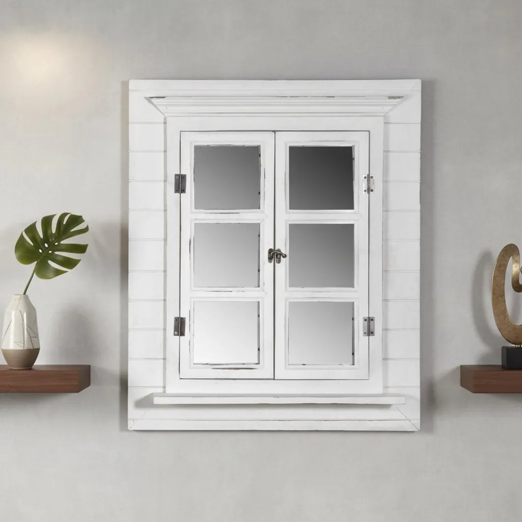 Miroir fenêtre blanc avec volets pour agrandir l'espace, cadre bois