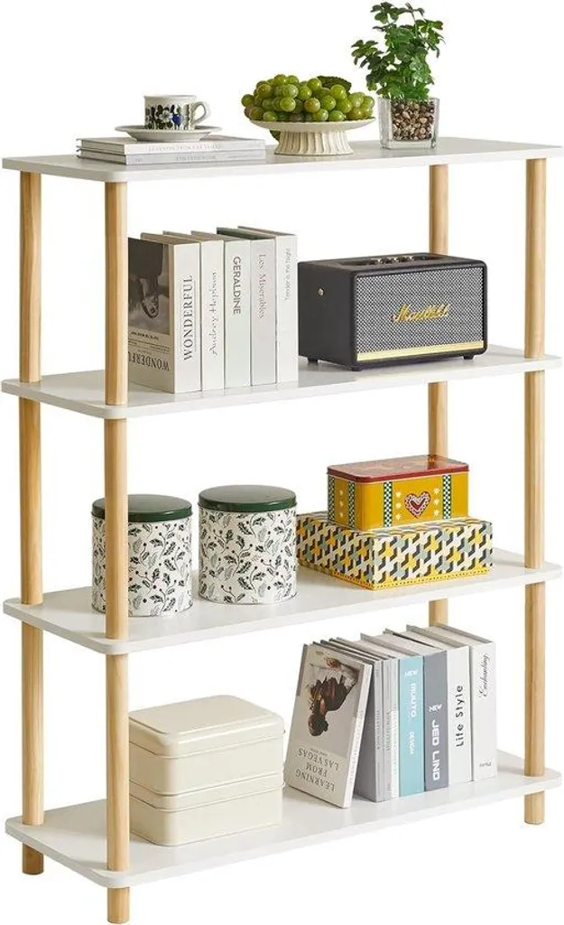 Bibliothèque bois blanc anti-encombrement - 4 étagères + tiroirs bas