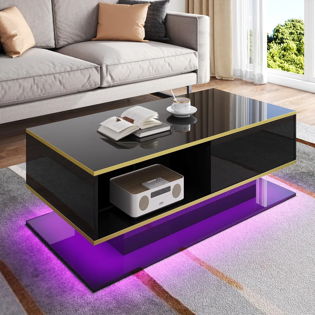 Table Basse LED Anti-Désordre avec 3 Tiroirs pour Salon Moderne 100cm