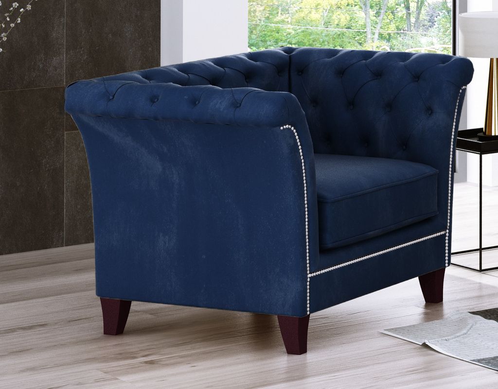 S-STYLE MÖBEL - Zephyr - Chesterfield Sessel aus Marineblau Samt-Stoff mit Holzfüßen, B/T/H: 116 cm / 82 cm / 75 cm