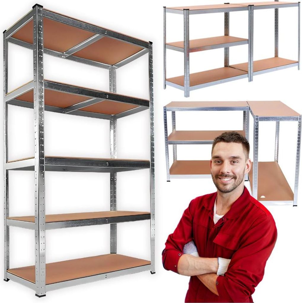 A collage of shelving units and a man in a red shirt.