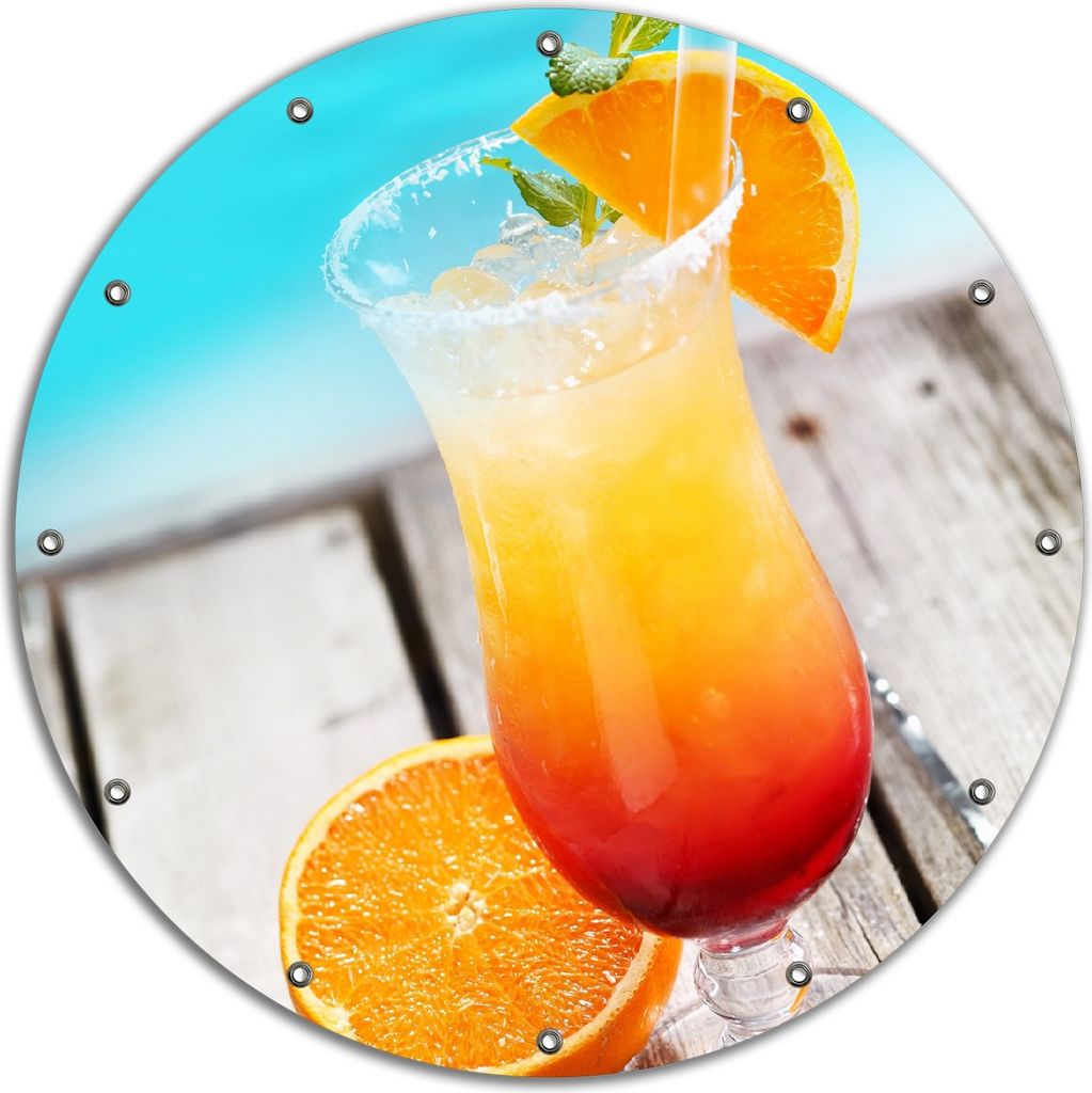 Wallario rundes Outdoor-Poster für Garten oder Balkon, Motiv Bunter Cocktail am Pool, 90 cm Durchmesser
