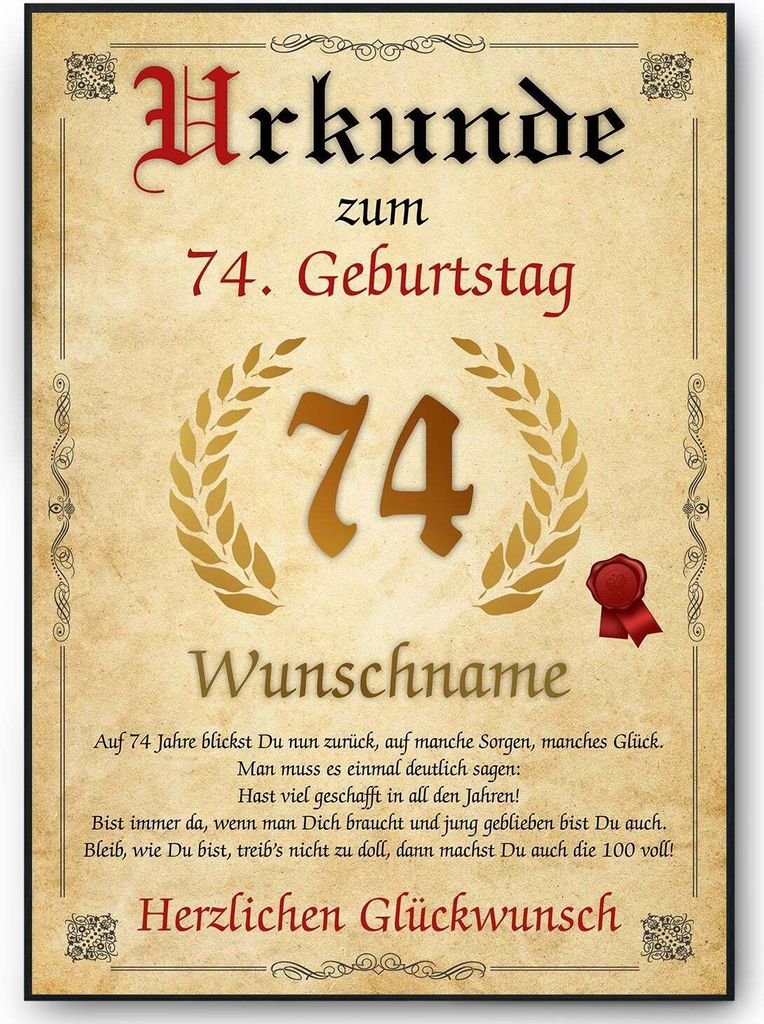 Urkunde zum 74. Geburtstag personalisiertes Geschenk Jahrgang 1951 Geburtstagsurkunde 74 Jahre Geburtstagsgeschenk – DIN A4 + Rahmen schwarz