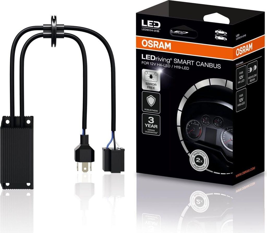 A product shot of an OSRAM LEDriving SMART CANBUS adapter and its packaging.