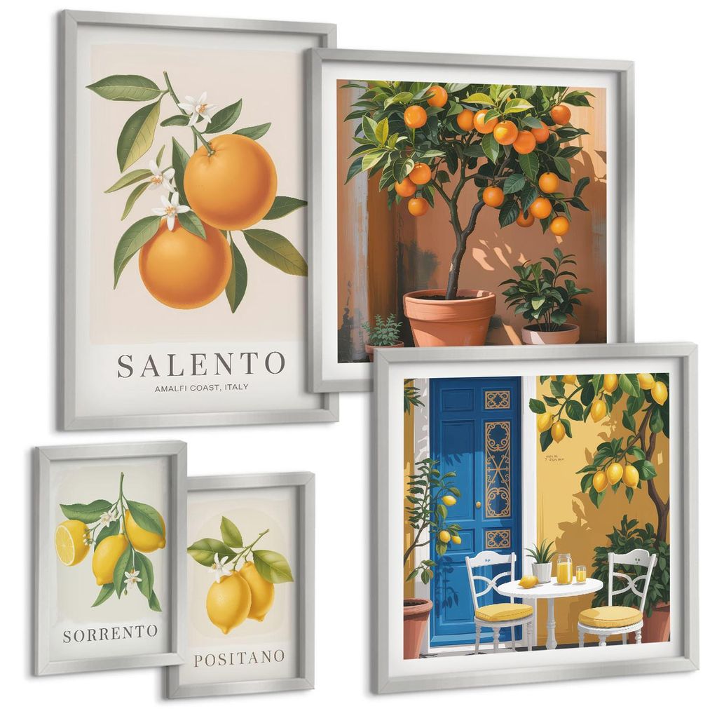 Bilder Set 5-teilig im silbergerahmten Rahmen – Wandbilder 5 Stück – gerahmte Poster für Wohnzimmer, Schlafzimmer und Flur – 50x50 cm - 40x...