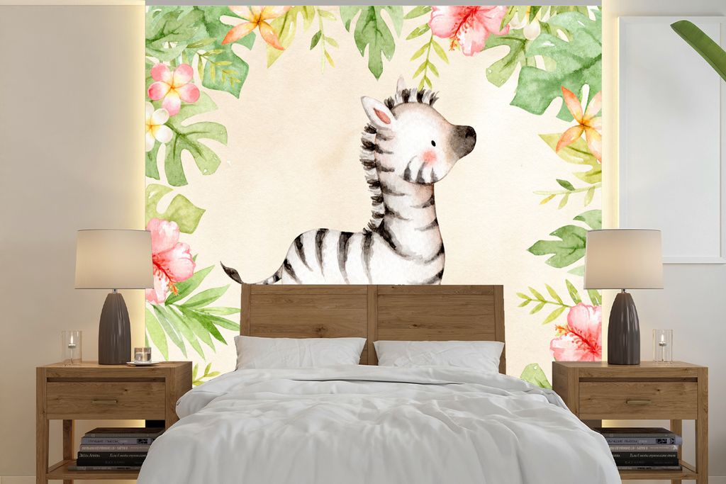 MuchoWow Fototapete für Wohnzimmer oder Schlafzimmer Wandtapete Vinyl Motivtapete Dschungel - Zebra - Aquarellfarbe - 260x260 cm - Papiertapeten