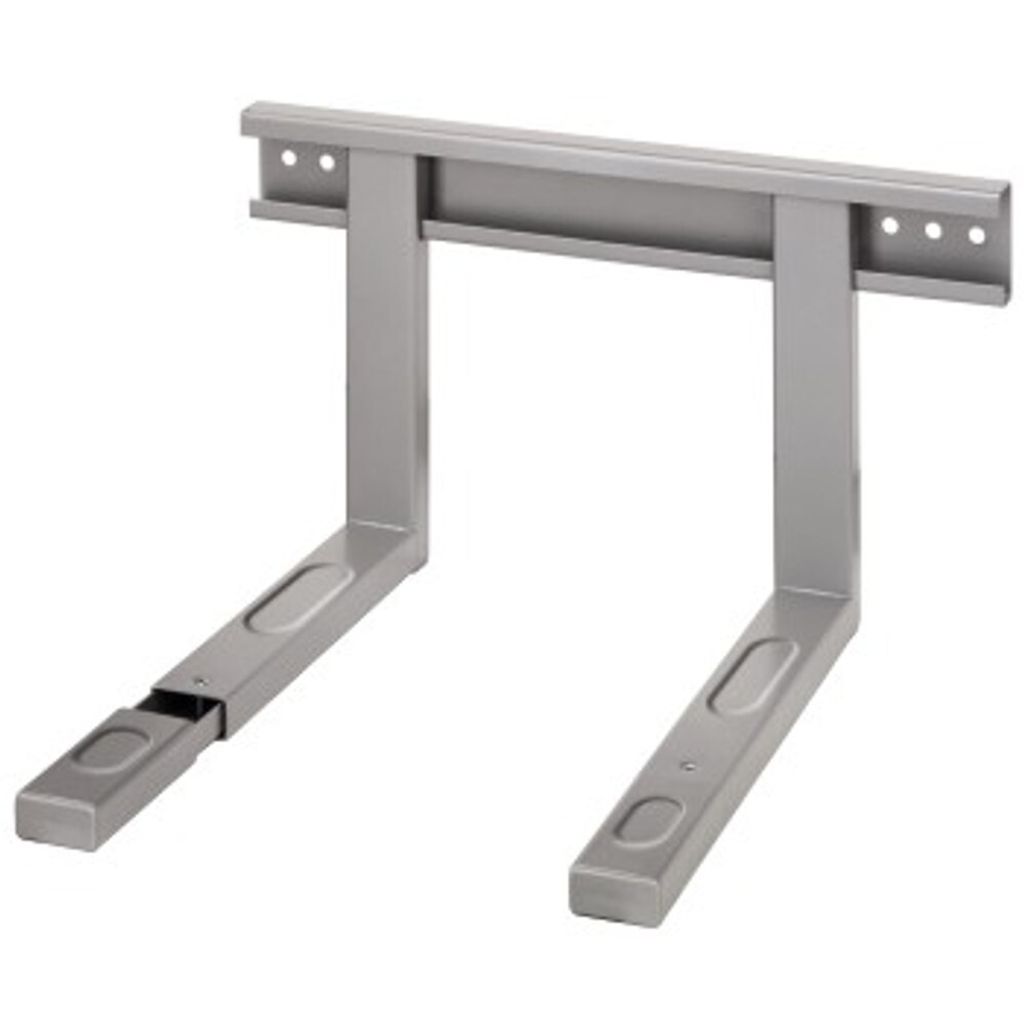 A silver microwave bracket is shown against a white background.