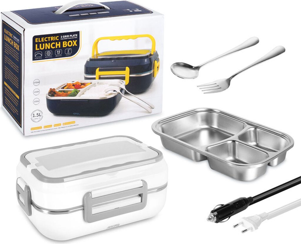 Elektrische Brotdose Speisenwärmer 2 in 1 12V 220V Speisenwärmer Behälter mit Geschirr Handyhalter Auslaufsicher für Auto Hause Weiß