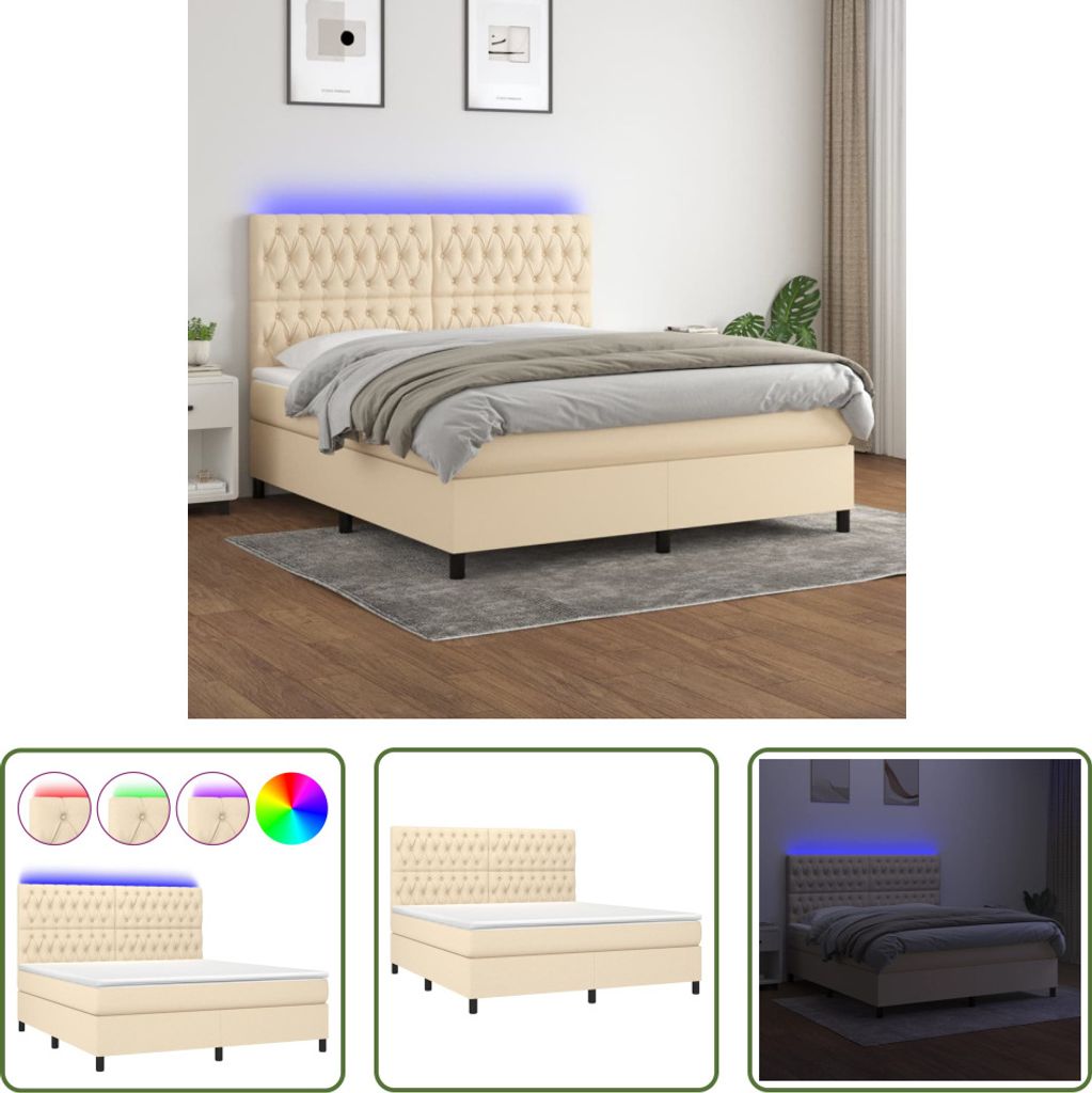 The Living Store Boxspringbett mit Matratze & LED Creme 180x200 cm Stoff