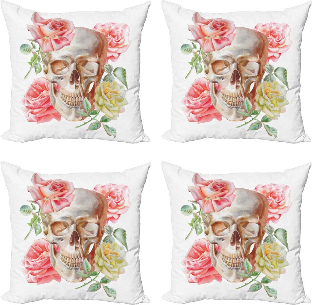 ABAKUHAUS Schädel Kissenbezug Set (4 Stück), Romantische Rosen Blumen, Moderner Doppelseitiger Digitaldruck, 40 cm x 40 cm, Rosa Beige Gelb