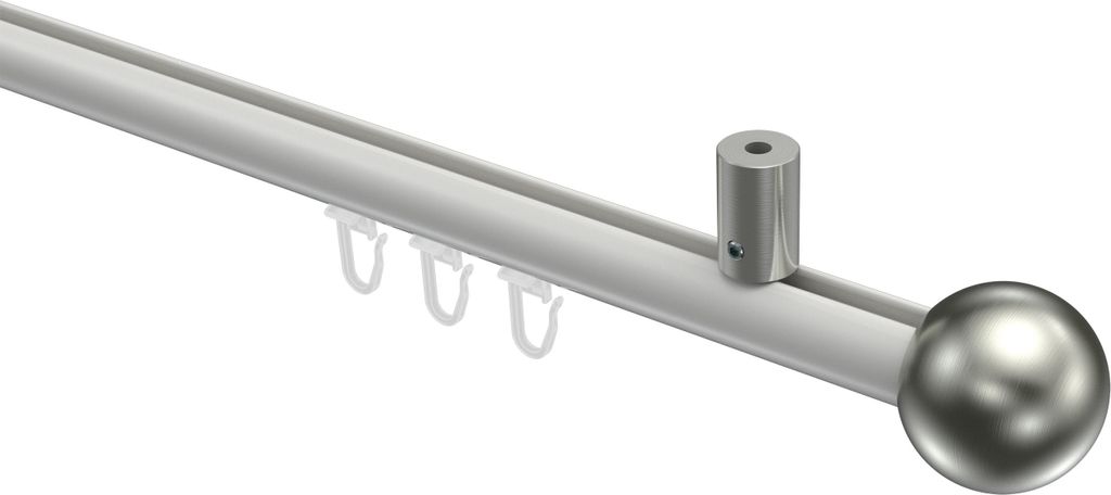 Interdeco Innenlaufstange / Gardinenstange mit Innenlauf Weiß / Edelstahl-Optik, Typ Sonius Luino (Kugel) Deckenmontage, 20 mm Ø 1-läufig, 120 cm