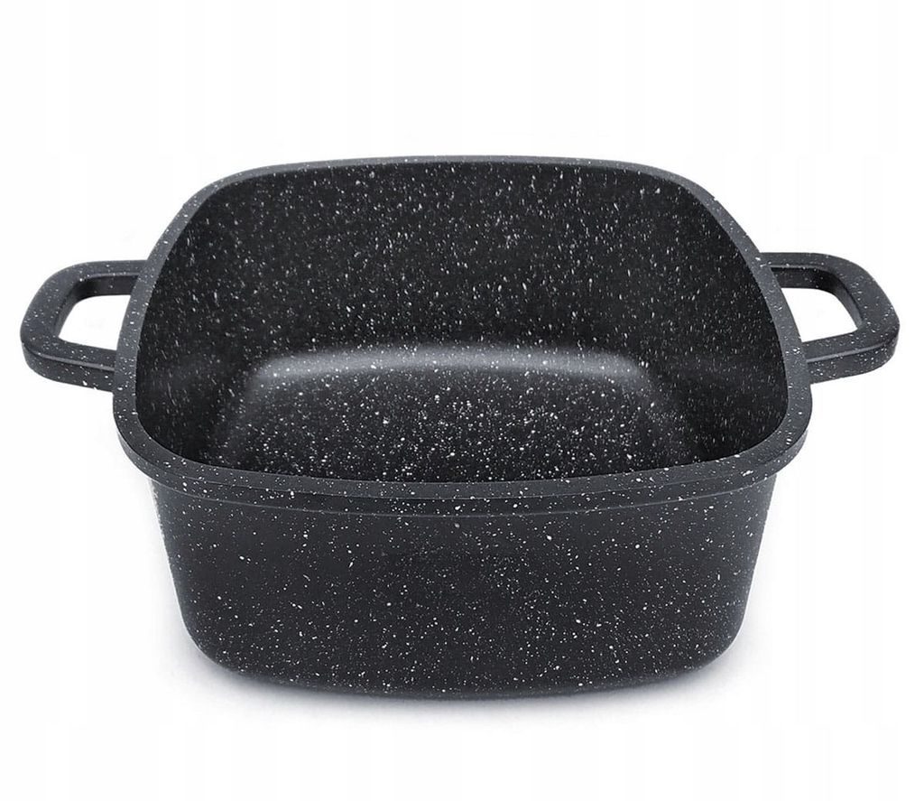 A square black pot with speckled white and gray is shown from a slightly elevated front-facing angle against a white background.