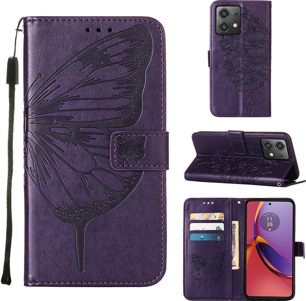 Lederhülle für Motorola Moto G84 Schmetterling Prägung Flip Ledertasche Kartenfächer Handyhülle mit Ständer Lila