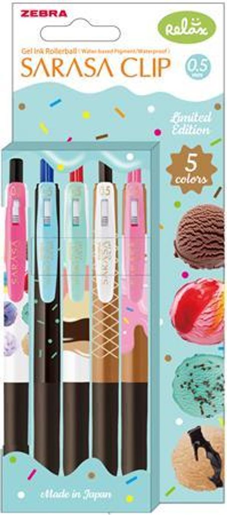 Gelschreiber "Sarasa Clip Ice Cream", 5 verschiedene Farben, 0,33 mm, Squeeze-Mechanismus, ZEBRA 82756