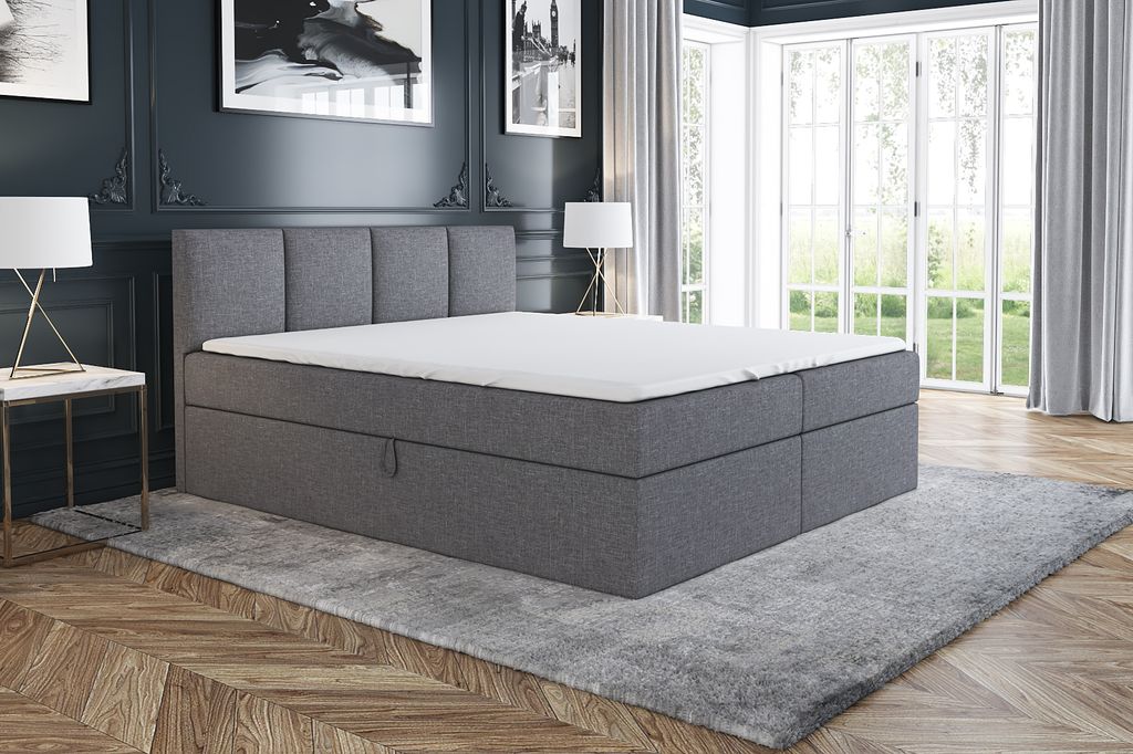 Boxspringbett ABI 180 x 200 mit 2 Bettkästen, Bonell-Matratze und Topper. Farbe: Grau