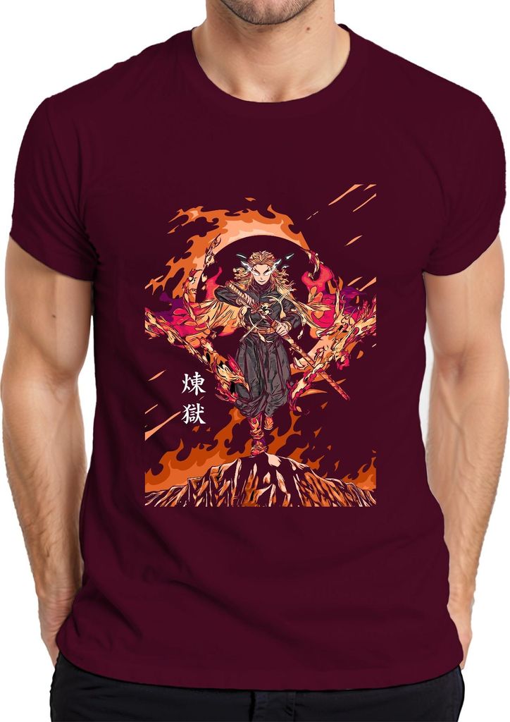 煉獄 Rengoku Hashira Anime Schwert Feuer Geschenk Sammler Herren T-Shirt, Burgundy, XL