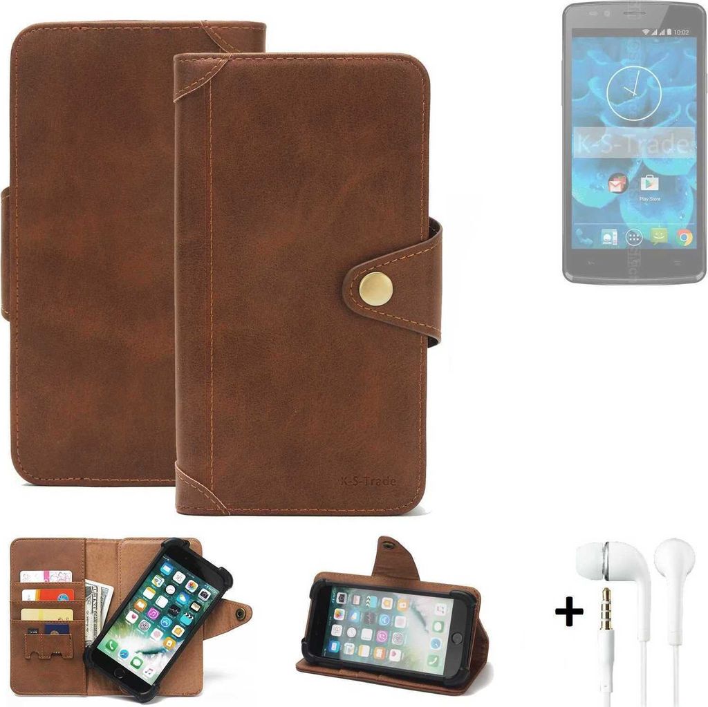K-S-Trade Handyhülle + Kopfhörer kompatibel mit Qilive Q4 5.0 Schutz Hülle Walletcase Bookstyle Tasche Case Handytasche Wallet Flipcase Cover PU