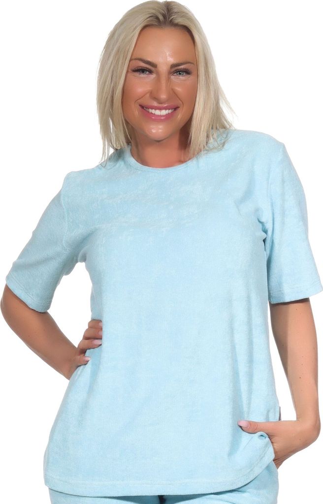 Damen kurzarm Frottee Schlafanzug Oberteil Pyjama Shirt Mix & Match – ideal zu kombinieren ; hellblau , 36