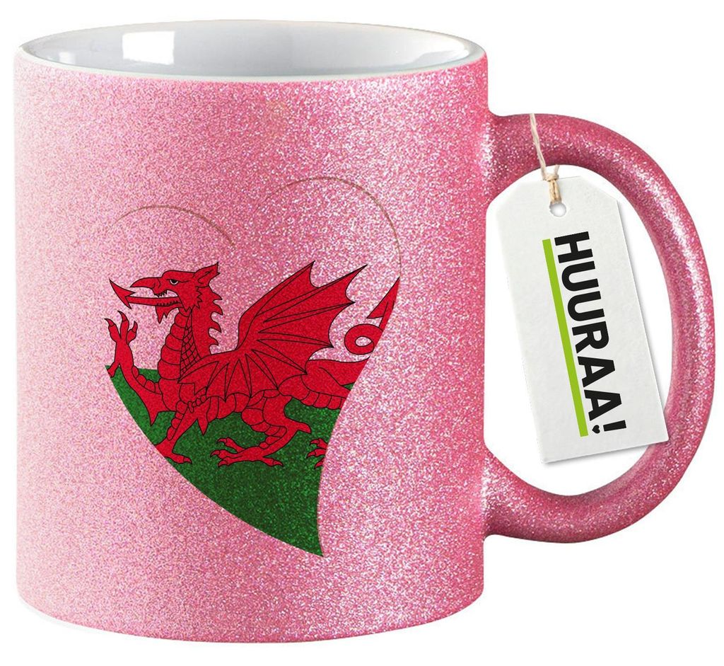 Huuraa Glitzertasse Wales Flagge Herz 330ml Pink Keramik Kaffeebecher Geschenkidee