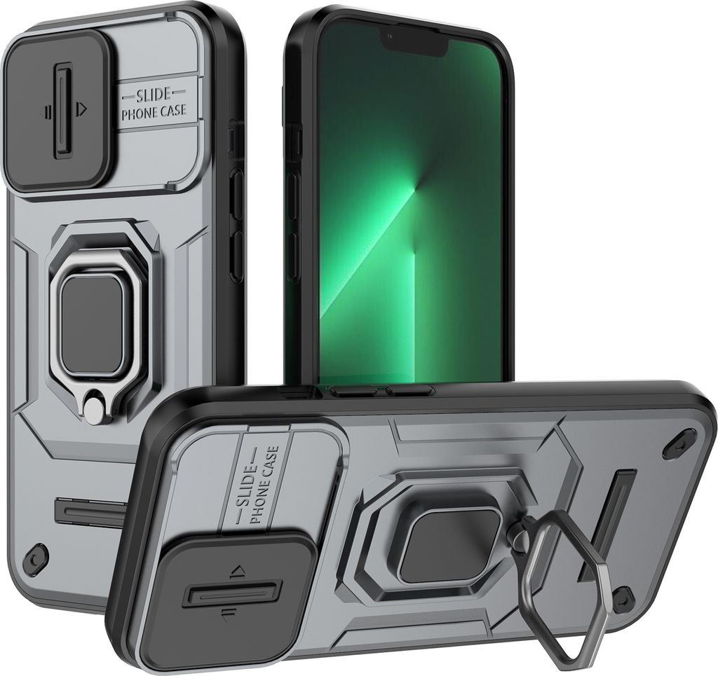 Hülle für iPhone 13 Pro Dual Layer Handyhülle Schiebe Kamera Schutz und Ringhalter Ständer Grau