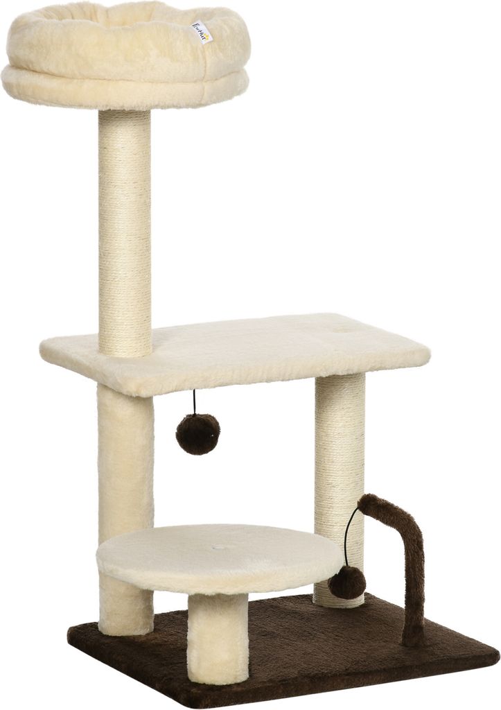 PawHut Kratzbaum mit Sisalstange, Sitzstange und Spielbällen, Spanplatte und Plüsch, 44x38x74 cm, Beige