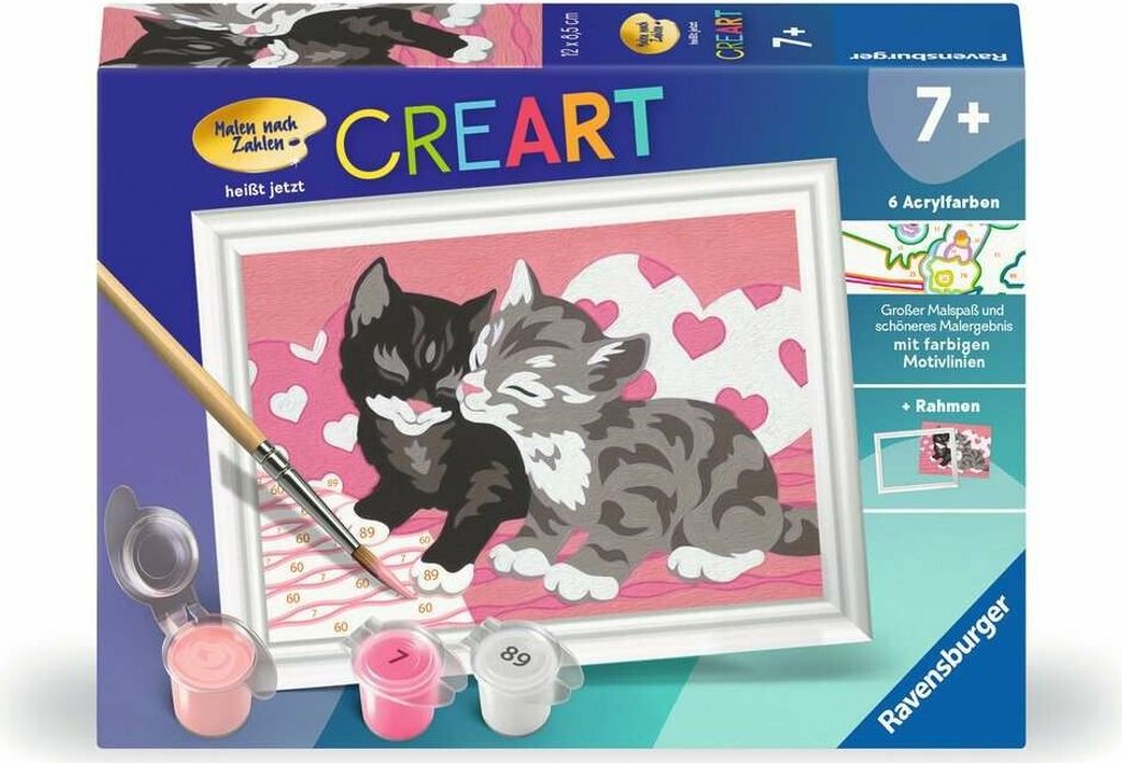 The image shows the packaging of a paint-by-numbers kit for children, featuring two kittens.