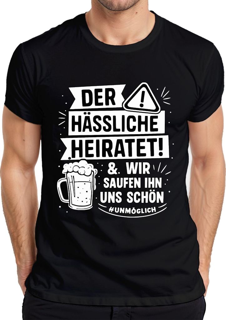 Der hässliche heiratet wir saufen ihn schön JGA Bier Party Lustig Herren T-Shirt, Schwarz, XL