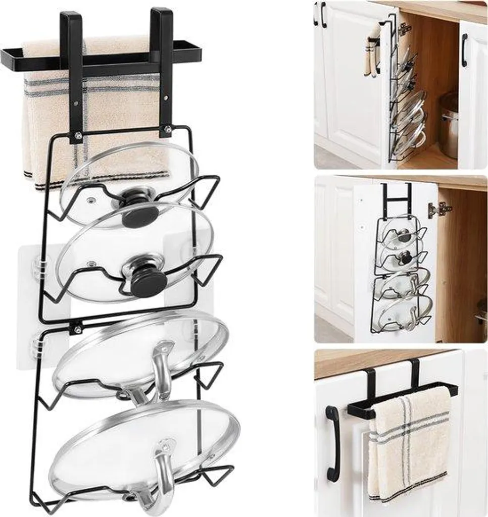 Meuble de rangement mural cuisine pour casseroles et couvercles noir
