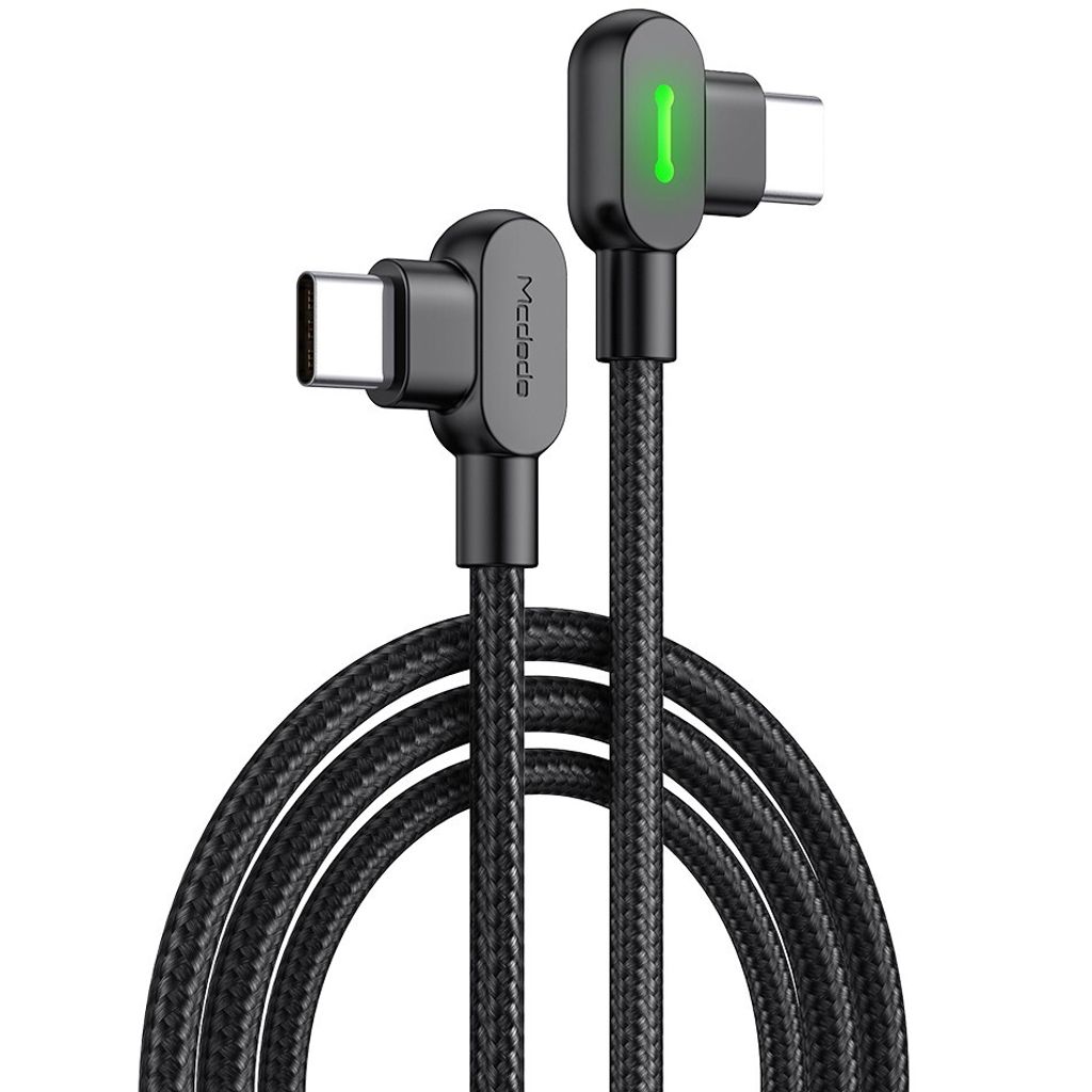 A black USB-C charging cable with angled connectors and an LED indicator.