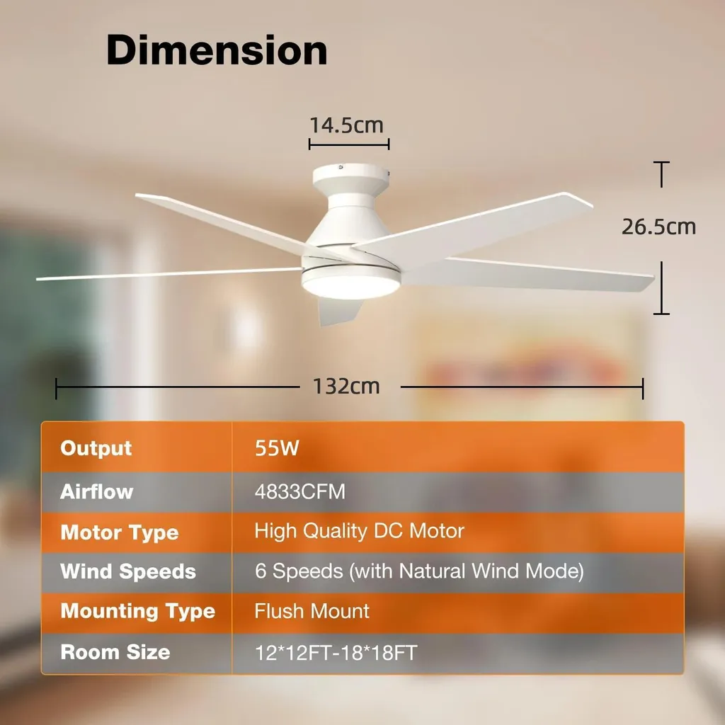 Ventilateur de plafond blanc 52 pouces avec éclairage LED et télécommande