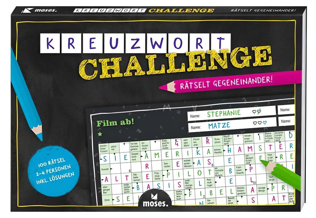 Moses. Kreuzwort-Challenge, Kreuzworträtsel-Spiel für 2–4 Spielende ab 12 Jahren, Wortsuchspiel mit 100 Rätseln, 3 Schwierigkeitsstufen & Wett...