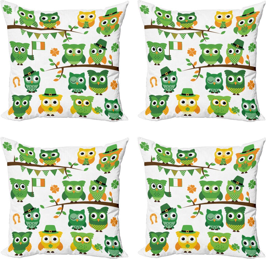 ABAKUHAUS St. Patrick Tag Kissenbezug Set (4 Stück), Irsh Eulen, Moderner Doppelseitiger Digitaldruck, 45 cm x 45 cm, Grün und Weiß