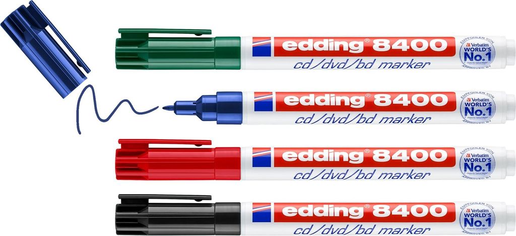 edding 8400 4 x CD-DVD-BD Marker Farben Schwarz Rot Blau Grün Set