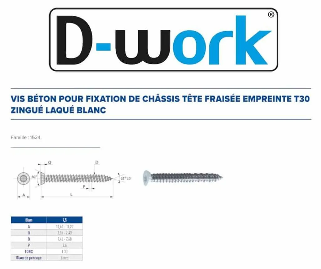 Vis d'Ancrage Béton sans Cheville 7.5x102 mm T30 Tête Fraisée D-Work